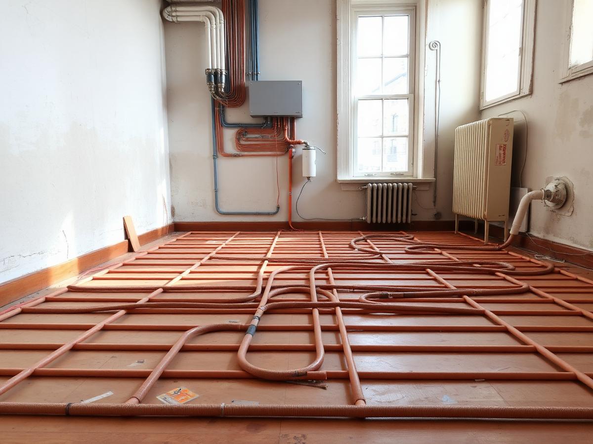 Verlegte Fußbodenheizung im Rohbau